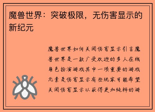 魔兽世界：突破极限，无伤害显示的新纪元